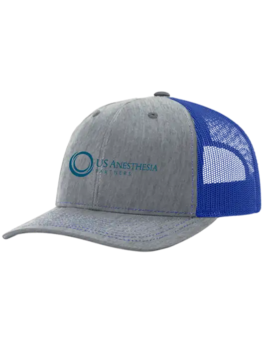 Richardson Adjustable Snapback Original 112 Trucker Cap Heather Light Grey w/Royal Mesh w/US Anesthesia Partners Logo