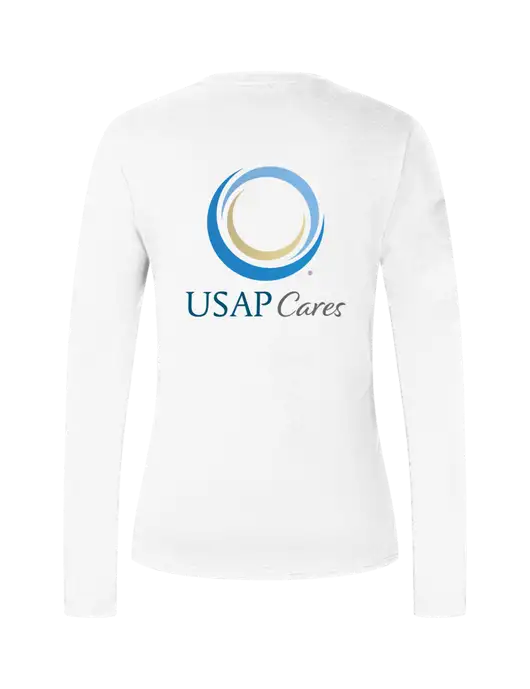 Womens  V-Neck Ring Spun White 4.5 oz Long Sleeve T-Shirt w/USAP Cares Logo, US Anesthesia Partners Logo