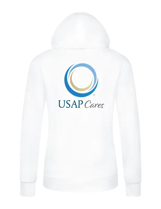 Womens White Core Fleece Pullover Hooded Sweatshirt w/USAP Cares Logo, US Anesthesia Partners Logo