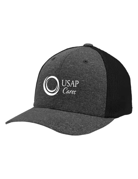 Flexfit Black/Dark Charcoal Heather Melange Mesh Back Trucker Cap w/USAP Cares Logo