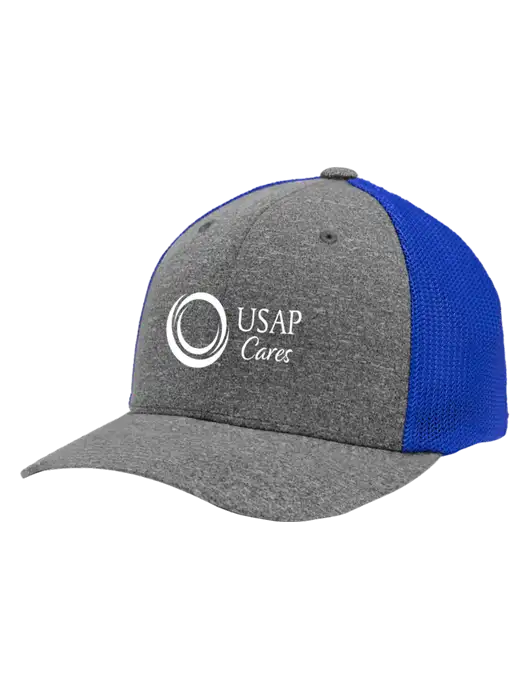 Flexfit Royal/Medium Grey Heather Melange Mesh Back Trucker Cap w/USAP Cares Logo