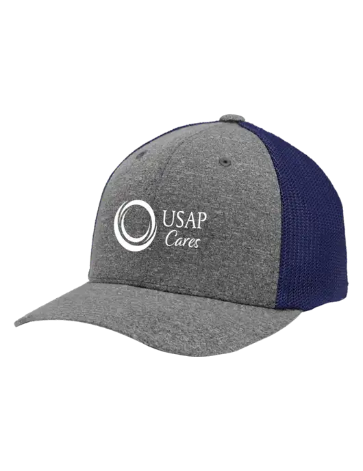 Flexfit Navy/Medium Grey Heather Melange Mesh Back Trucker Cap w/USAP Cares Logo