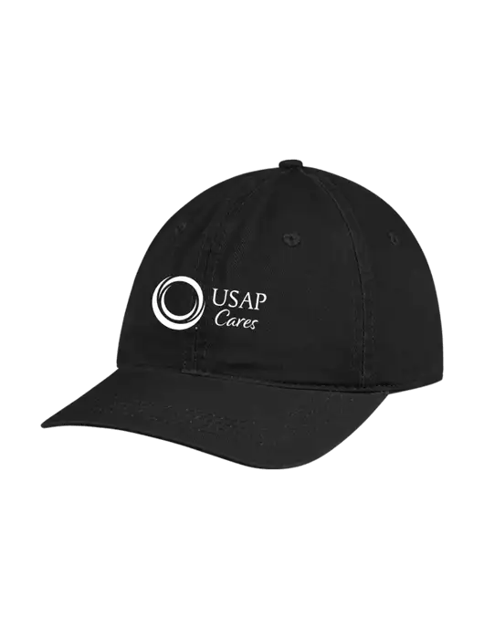 Garment Washed Unstructured Twill Black Cap w/USAP Cares Logo
