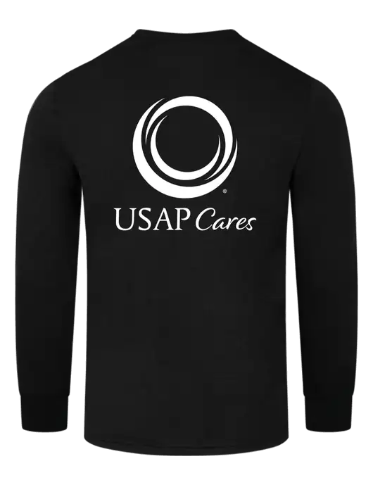 Simply Soft Long Sleeve Black 4.5 oz, Poly/Combed Ring Spun Cotton T-Shirt w/USAP Cares Logo, US Anesthesia Partners Logo