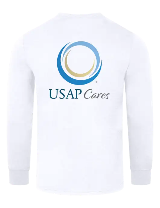 Simply Soft Long Sleeve White 4.5 oz, Poly/Combed Ring Spun Cotton T-Shirt w/USAP Cares Logo, US Anesthesia Partners Logo
