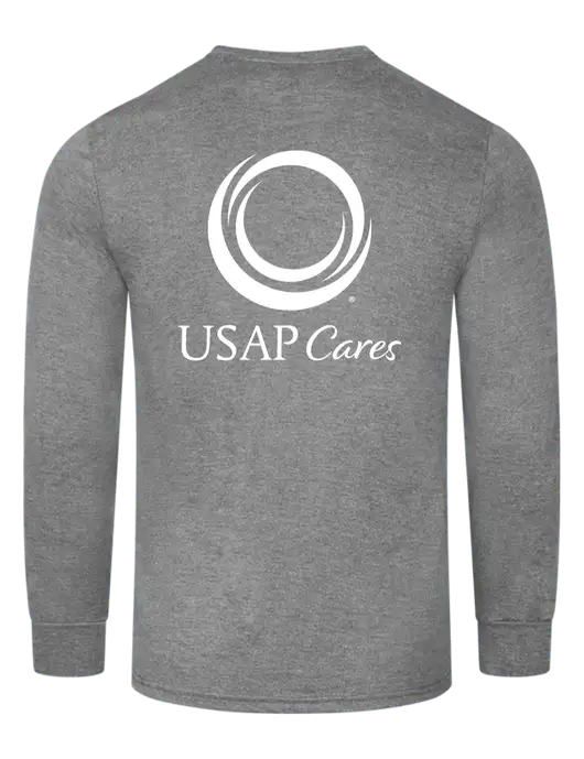 Simply Soft Long Sleeve Medium Grey Frost 4.5 oz, Poly/Combed Ring Spun Cotton T-Shirt w/USAP Cares Logo, US Anesthesia Partners Logo