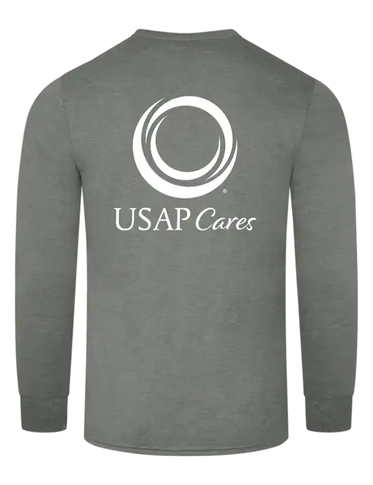 Simply Soft Long Sleeve Heathered Charcoal 4.5 oz, Poly/Combed Ring Spun Cotton T-Shirt w/USAP Cares Logo, US Anesthesia Partners Logo
