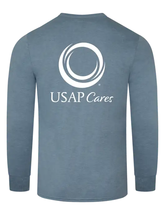 Simply Soft Long Sleeve Slate Blue Heather 4.5 oz, Poly/Combed Ring Spun Cotton T-Shirt w/USAP Cares Logo, US Anesthesia Partners Logo