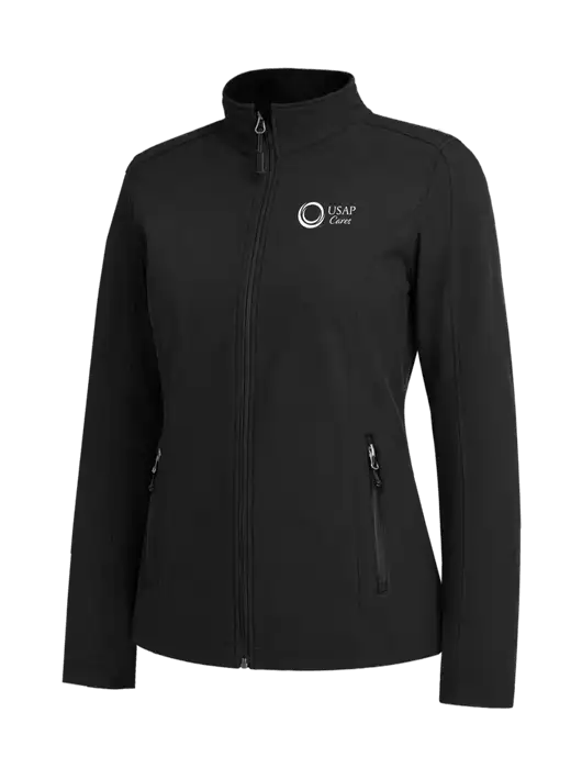 Black Womens Core Soft Shell Jacket w/USAP Cares Logo