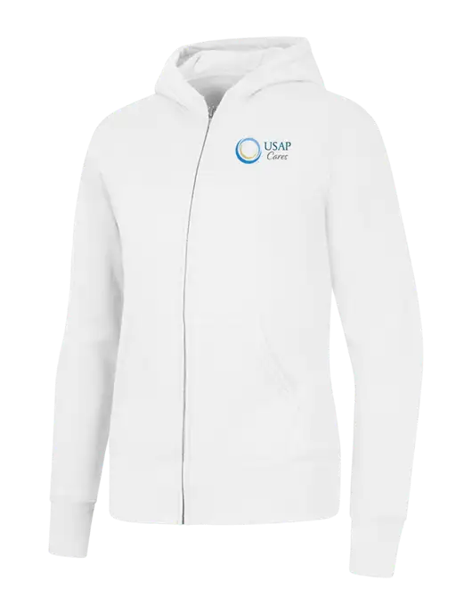 White Womens Core Fleece Full-Zip Hooded Sweatshirt w/USAP Cares Logo