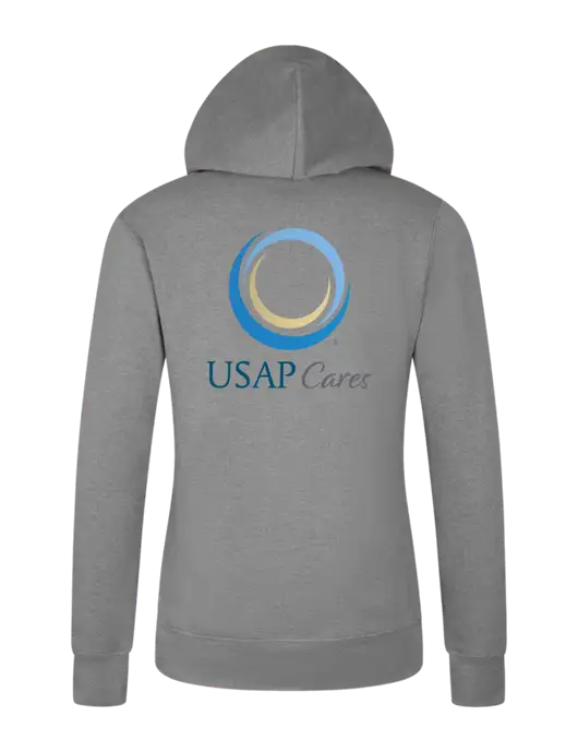 Womens Light Grey Heather Core Fleece Pullover Hooded Sweatshirt w/USAP Cares Logo, US Anesthesia Partners Logo