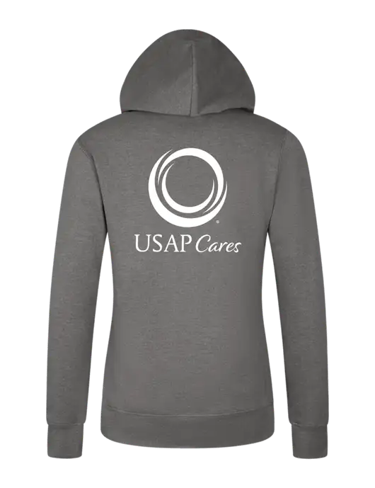 Womens Medium Grey Heather Core Fleece Pullover Hooded Sweatshirt w/USAP Cares Logo, US Anesthesia Partners Logo