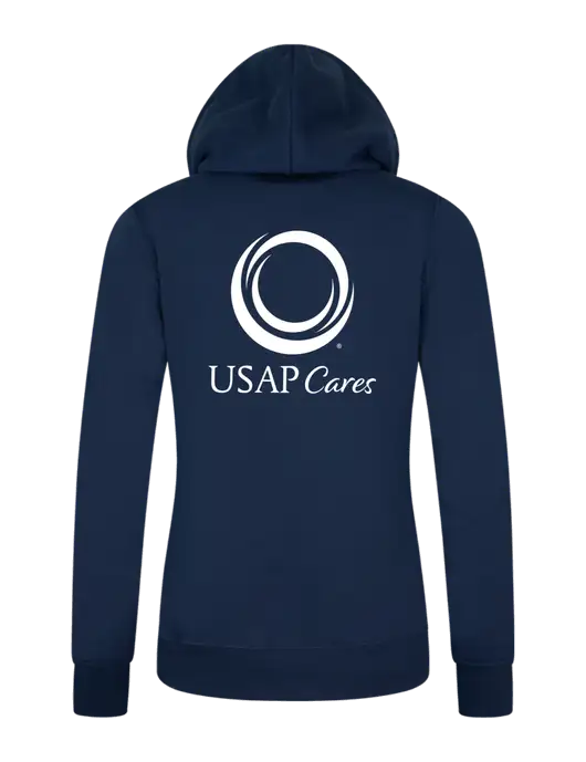 Womens Navy Core Fleece Pullover Hooded Sweatshirt w/USAP Cares Logo, US Anesthesia Partners Logo