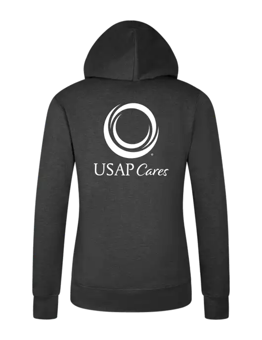 Womens Dark Grey Heather Core Fleece Pullover Hooded Sweatshirt w/USAP Cares Logo, US Anesthesia Partners Logo