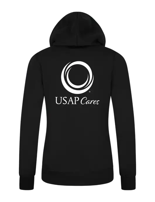 Womens Black Core Fleece Pullover Hooded Sweatshirt w/USAP Cares Logo, US Anesthesia Partners Logo