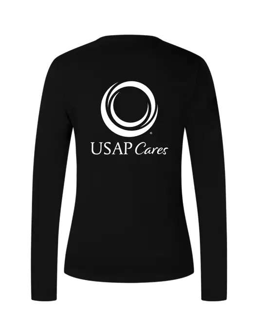 Womens V-Neck Ring Spun Jet Black 4.5 oz Long Sleeve T-Shirt w/USAP Cares Logo, US Anesthesia Partners Logo