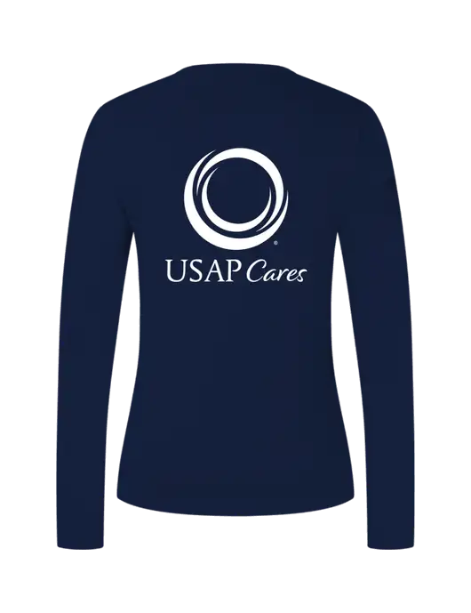 Womens  V-Neck Ring Spun Navy 4.5 oz Long Sleeve T-Shirt w/USAP Cares Logo, US Anesthesia Partners Logo
