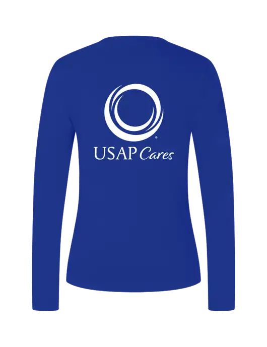 Womens  V-Neck Ring Spun Royal 4.5 oz Long Sleeve T-Shirt w/USAP Cares Logo, US Anesthesia Partners Logo