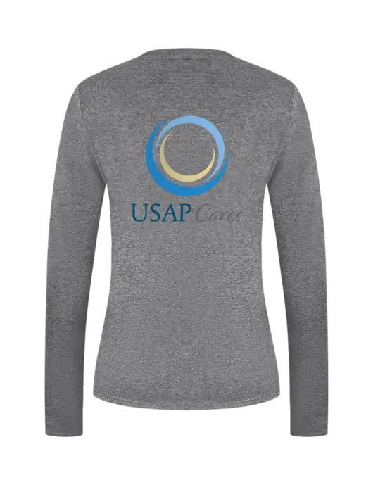Womens  V-Neck Ring Spun Grey Heather 4.5 oz Long Sleeve T-Shirt w/USAP Cares Logo, US Anesthesia Partners Logo