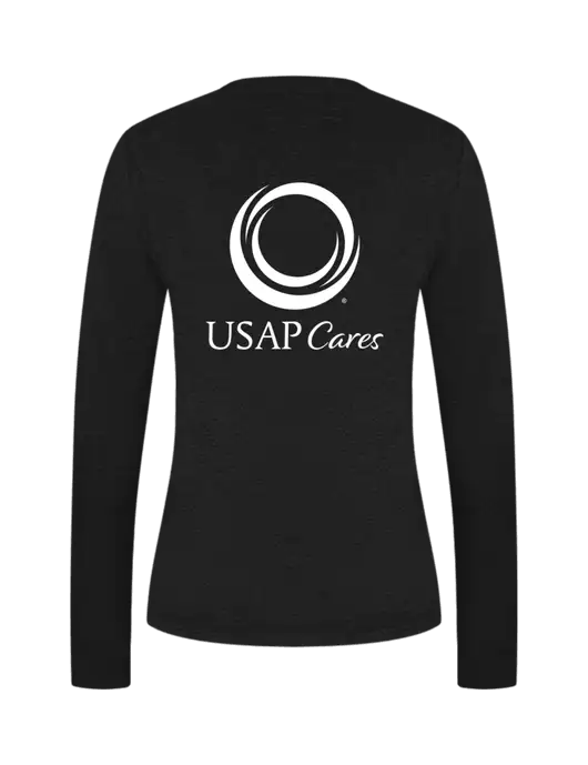 Womens  V-Neck Ring Spun Dark Heather Grey 4.5 oz Long Sleeve T-Shirt w/USAP Cares Logo, US Anesthesia Partners Logo