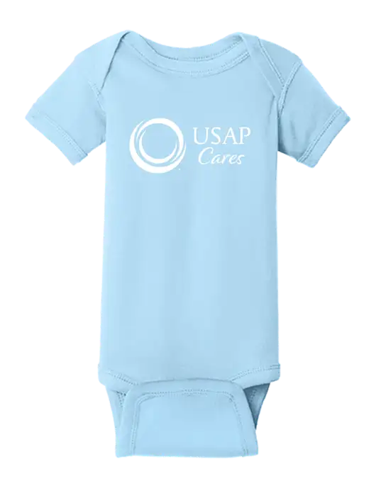 Rabbit Skins Light Blue Infant Short Sleeve Baby Rib Bodysuit w/USAP Cares Logo