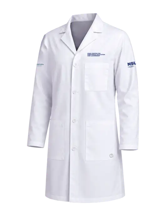 Wink White Mens Long Lab Coat w/USAP NSU Logo, USAP NSU Logo, US Anesthesia Partners Logo