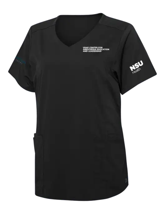 Wink Black Womens Premiere Flex Mock Wrap Top w/USAP NSU Logo, USAP NSU Logo, US Anesthesia Partners Logo