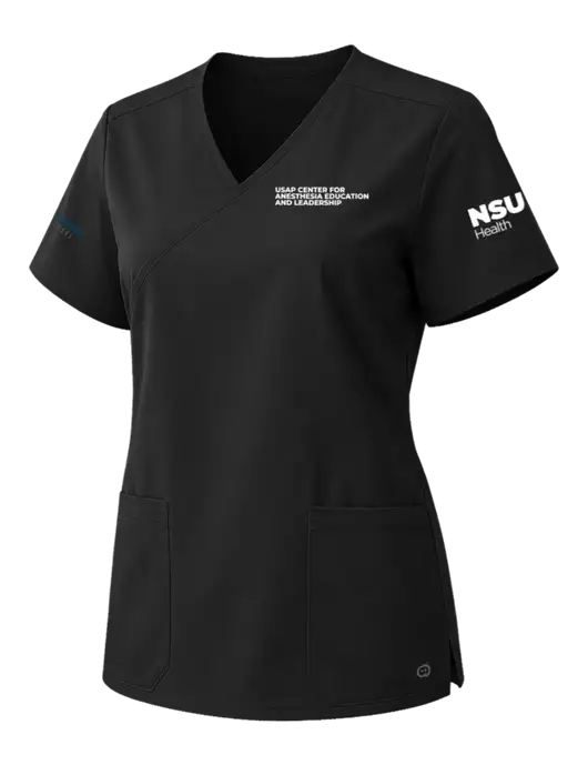 Wink Black Womens WorkFlex Mock Wrap Top w/USAP NSU Logo, USAP NSU Logo, US Anesthesia Partners Logo