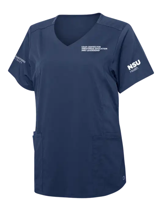 Wink Navy Womens Premiere Flex Mock Wrap Top w/USAP NSU Logo, USAP NSU Logo, US Anesthesia Partners Logo