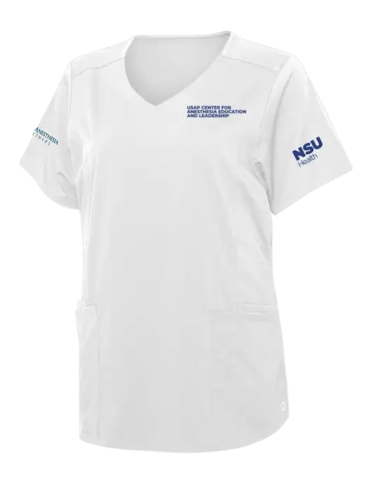 Wink White Womens Premiere Flex Mock Wrap Top w/USAP NSU Logo, USAP NSU Logo, US Anesthesia Partners Logo