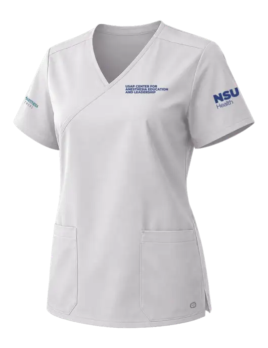 Wink White Womens WorkFlex Mock Wrap Top w/USAP NSU Logo, USAP NSU Logo, US Anesthesia Partners Logo