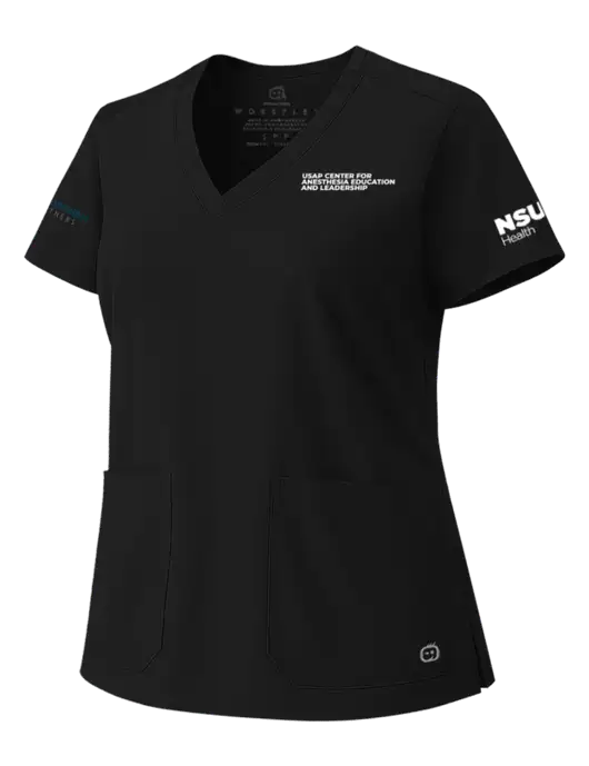 Wink Black Womens WorkFlex V-Neck Top w/USAP NSU Logo, USAP NSU Logo, US Anesthesia Partners Logo