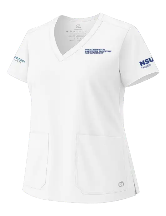 Wink White Womens WorkFlex V-Neck Top w/USAP NSU Logo, USAP NSU Logo, US Anesthesia Partners Logo