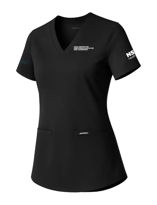 Jaanuu Womens Black Cesi Ultrasoft Scrub V-Neck Top w/USAP NSU Logo, USAP NSU Logo, US Anesthesia Partners Logo