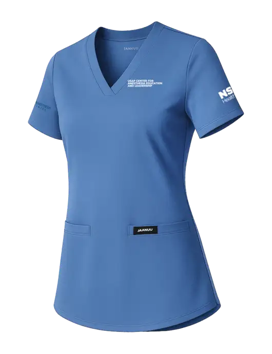 Jaanuu Womens Carolina Blue Cesi Ultrasoft Scrub V-Neck Top w/USAP NSU Logo, USAP NSU Logo, US Anesthesia Partners Logo