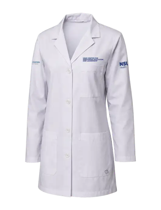 Wink White Womens Long Lab Coat w/USAP NSU Logo, USAP NSU Logo, US Anesthesia Partners Logo