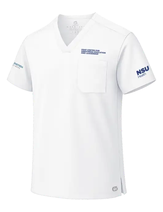 Wink White Unisex WorkFlex Chest Pocket V-Neck Top  w/USAP NSU Logo, USAP NSU Logo, US Anesthesia Partners Logo