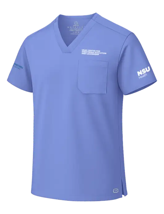 Wink Ceil Blue Unisex WorkFlex Chest Pocket V-Neck Top  w/USAP NSU Logo, USAP NSU Logo, US Anesthesia Partners Logo