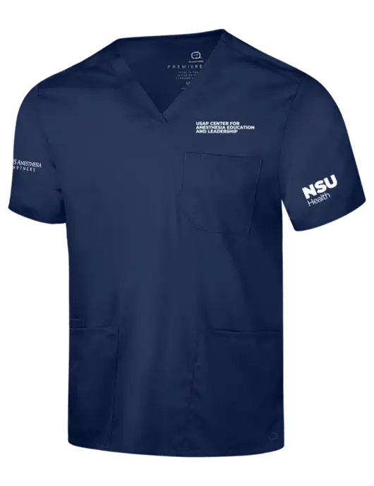 Wink Navy Mens Premiere Flex V-Neck Top w/USAP NSU Logo, USAP NSU Logo, US Anesthesia Partners Logo