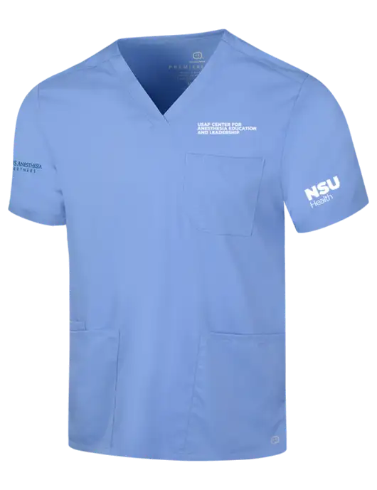 Wink Ceil Blue Mens Premiere Flex V-Neck Top w/USAP NSU Logo, USAP NSU Logo, US Anesthesia Partners Logo