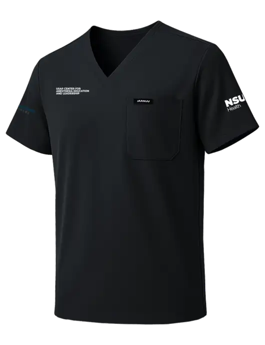 Jaanuu Holmes Everyday 1-Pocket Scrub Black V-Neck Top w/USAP NSU Logo, USAP NSU Logo, US Anesthesia Partners Logo