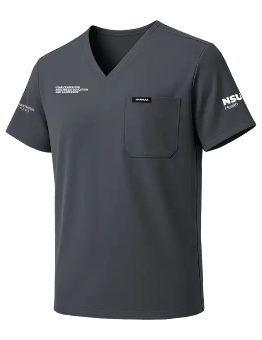 Jaanuu Holmes Everyday 1-Pocket Scrub Dark Grey V-Neck Top w/USAP NSU Logo, USAP NSU Logo, US Anesthesia Partners Logo
