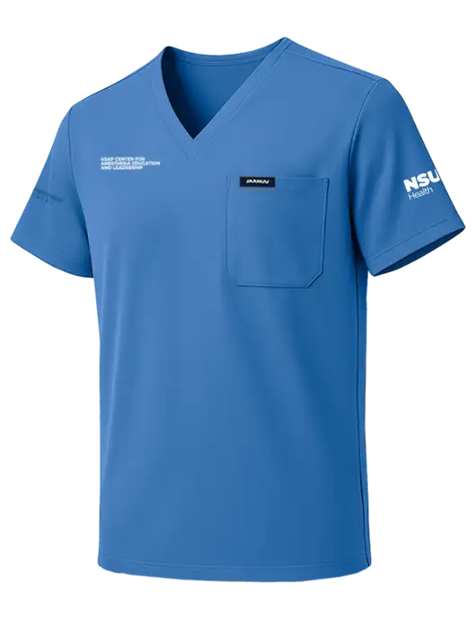 Jaanuu Holmes Everyday 1-Pocket Scrub Carolina Blue V-Neck Top w/USAP NSU Logo, USAP NSU Logo, US Anesthesia Partners Logo