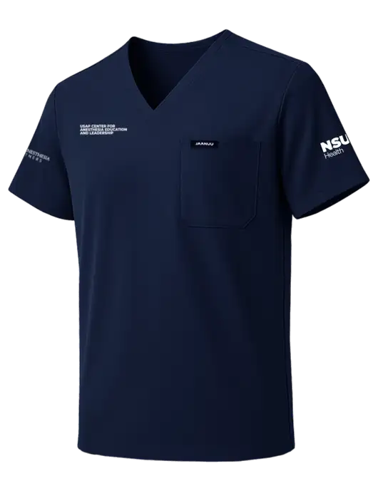 Jaanuu Holmes Everyday 1-Pocket Scrub Dark Navy V-Neck Top w/USAP NSU Logo, USAP NSU Logo, US Anesthesia Partners Logo