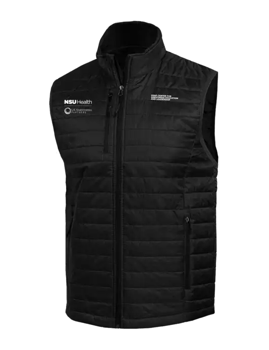 Packable Black Puffy Vest w/NSU Health/USAP Logo, USAP NSU Logo