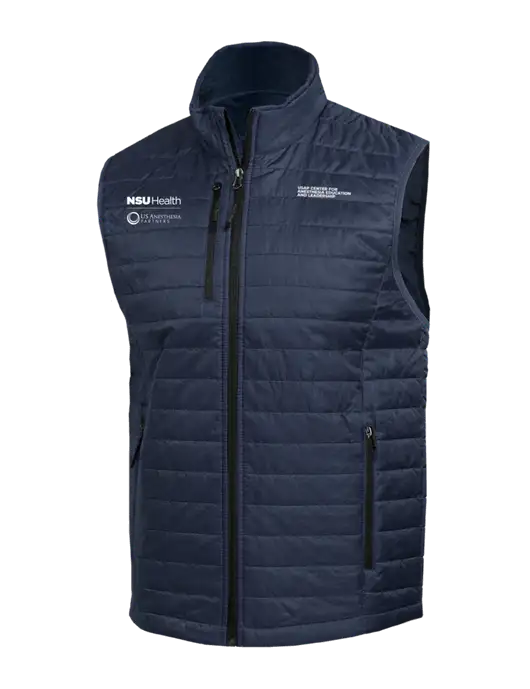 Packable Navy Puffy Vest w/NSU Health/USAP Logo, USAP NSU Logo