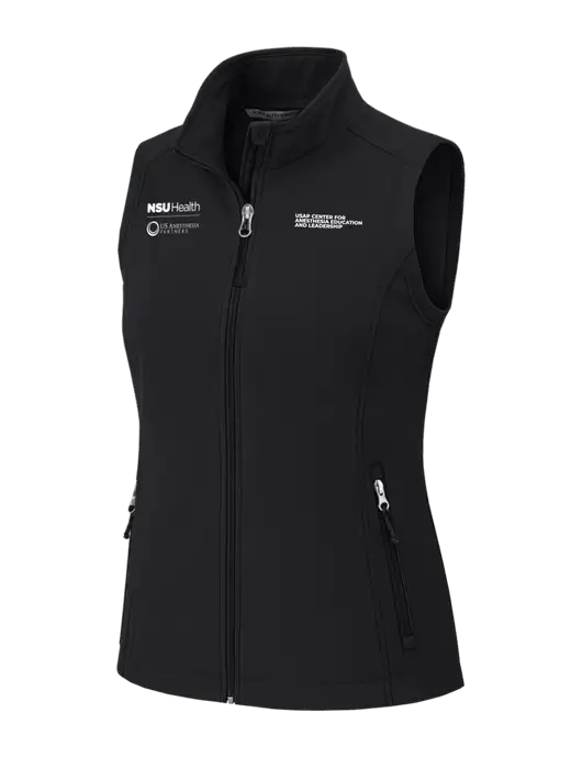 Black Womens Core Soft Shell Vest w/NSU Health/USAP Logo, USAP NSU Logo