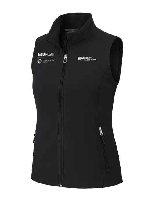 Black Womens Core Soft Shell Vest w/NSU Health/USAP Logo, USAP NSU Logo