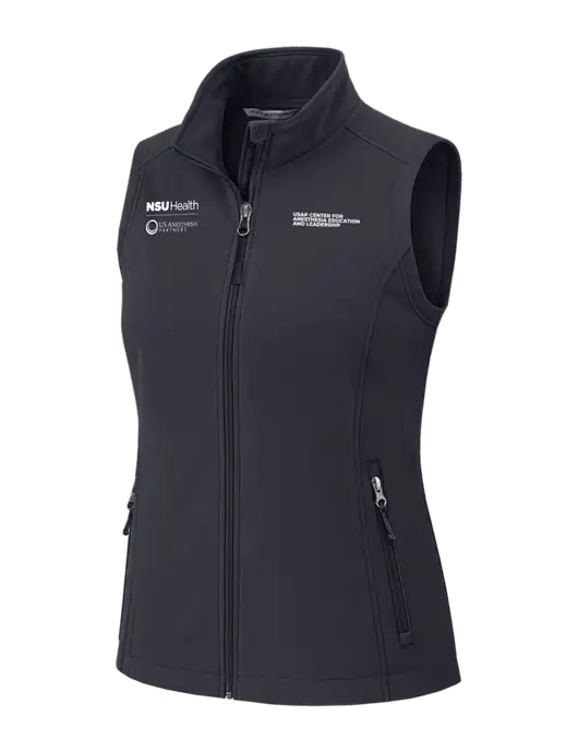 Charcoal Grey Womens Core Soft Shell Vest w/NSU Health/USAP Logo, USAP NSU Logo