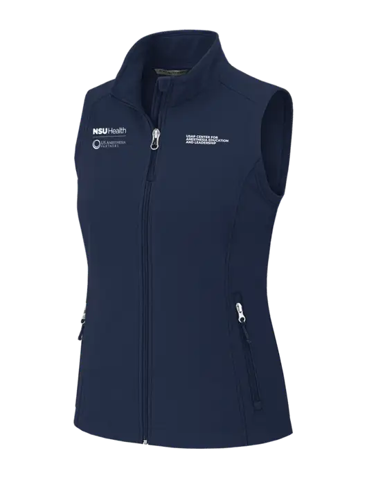 Navy Womens Core Soft Shell Vest w/NSU Health/USAP Logo, USAP NSU Logo